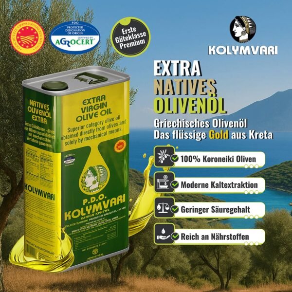 Kolymvari P.D.O. Premium Olivenöl – 5L Kanister – Extra Nativ aus Kreta | 100% Koroneiki Oliven | Kaltextraktion & Handernte | Nährstoffreich und naturrein | Höchste Qualität mit niedrigem Säuregehalt für Gesundheit und Geschmack - Image 7